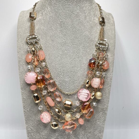 Bocar Gold Tone Multi Layer Pink Peach White Glass Crystal Beaded Necklace - Picture 1 of 9